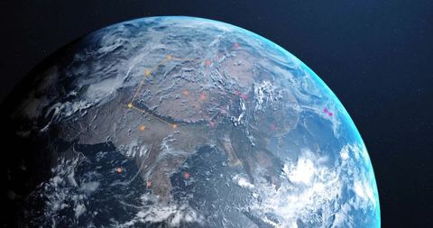 Earth from Orbit Showing Topography, Clouds and Colored Data Markers over Asia