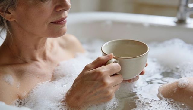 Middle-aged woman relaxing in bubble bath holding ceramic mug in minimalist bathroom