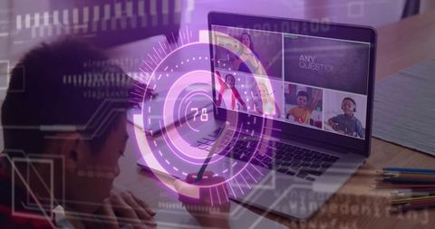 Schoolchild writing at home using laptop virtual classroom with futuristic purple hud overlay