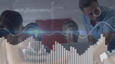 Business Team Collaborating on Data Analytics with Animation Overlay
