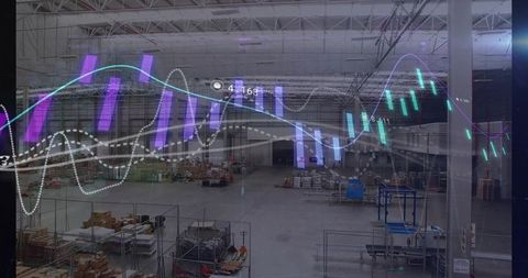Warehouse fulfillment center visualizing inventory data with candlestick analytics and packing