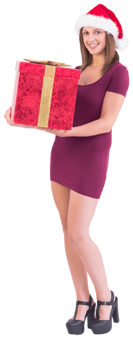 Happy Woman in Santa Hat Holding Transparent Gift Box at Christmas