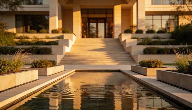 Golden-hour modern entrance reflecting pool with symmetrical steps and rippling water
