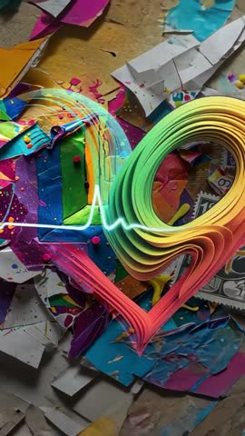 Vertical video panning over vibrant mixed-media heart collage with pulsing neon heartbeat