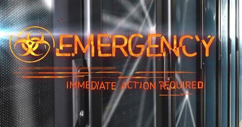 Futuristic Server Room Emergency HUD Display with Biohazard Alert and Warning Overlay