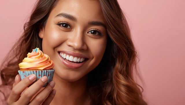 Cheerful woman holding cupcake with pastel frosting in studio