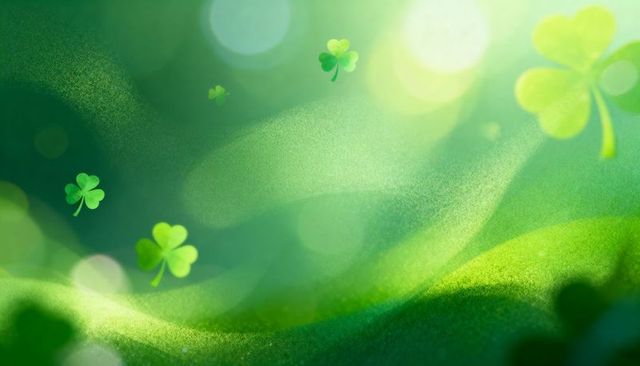Dreamy floating shamrocks over mossy hills with bokeh light rays for st patrick's day