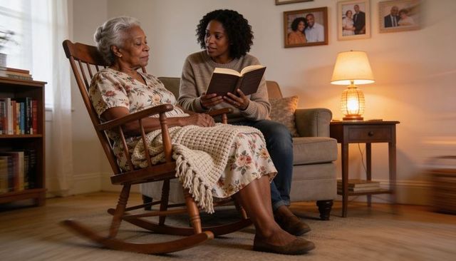 Young woman reading aloud to senior woman in cozy lamplit living room, intergenerational care