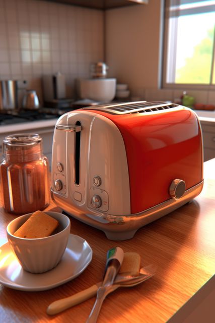 Modern red toaster on kitchen counter with jars and plate of toast inside cozy, sunlit kitchen. Perfect for articles on kitchen appliances, interior design inspirations, breakfast recipe posts, and home lifestyle blogs. This contemporary scene portrays a homely, inviting atmosphere suitable for food and appliance advertisements and social media content.