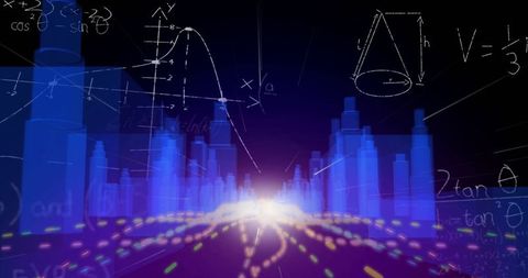 Futuristic Cityscape with Digital Elements and Light Trails