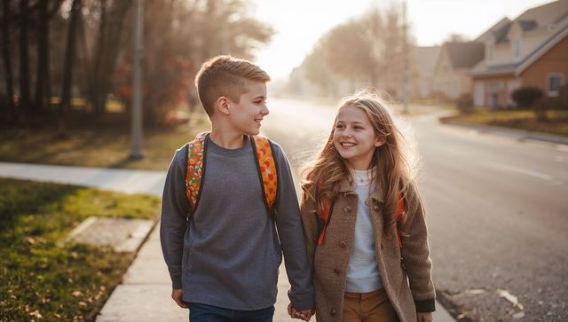 Walking to school smiling children holding hands on sunlit suburban sidewalk in autumn