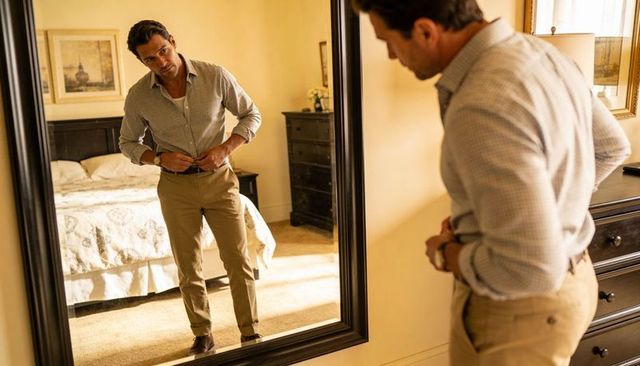Man adjusting belt before full-length mirror wearing button-down shirt and khaki pants