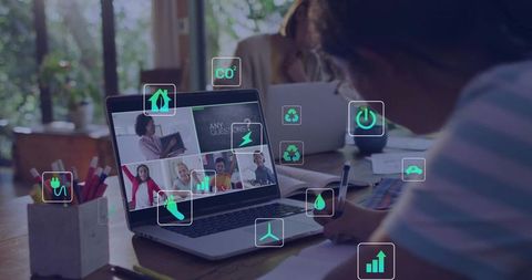 Student taking notes during virtual class surrounded by sustainability and energy icons