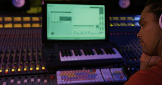 A person with headphones working on a mixing console in a professional music studio. The console is filled with numerous buttons and sliders, indicating a high-tech environment for music production. Ideal for use in articles, blogs, or advertisements related to music production, sound engineering, audio technology, and professional studio environments.