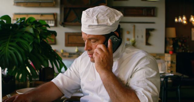 Chef Talking on Phone in Restaurant - Download Free Stock Images Pikwizard.com