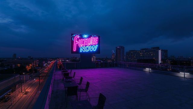 Neon future now billboard casting pink-blue light across urban rooftop night cityscape