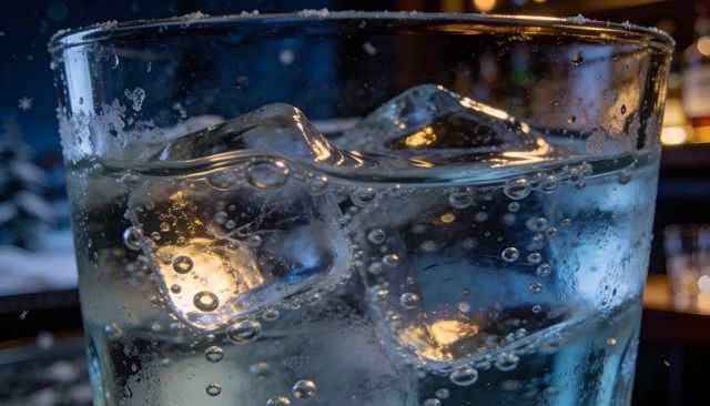 Sparkling tumbler with large ice cubes and effervescent bubbles on bar counter