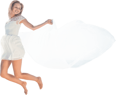 caucasian woman joyfully jumping with flowing fabric on transparent background - Download Free Stock Videos Pikwizard.com