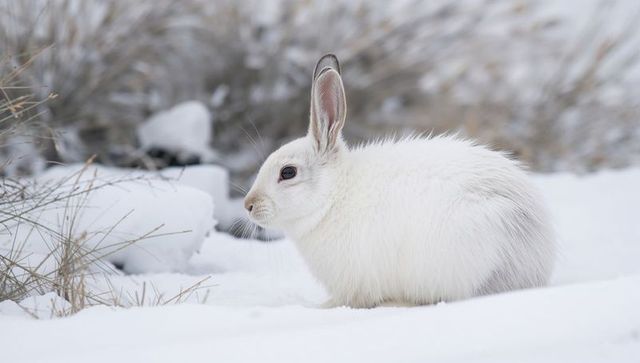 Arctic hare sitting on snow among dried grasses showing fluffy winter fur and camouflage