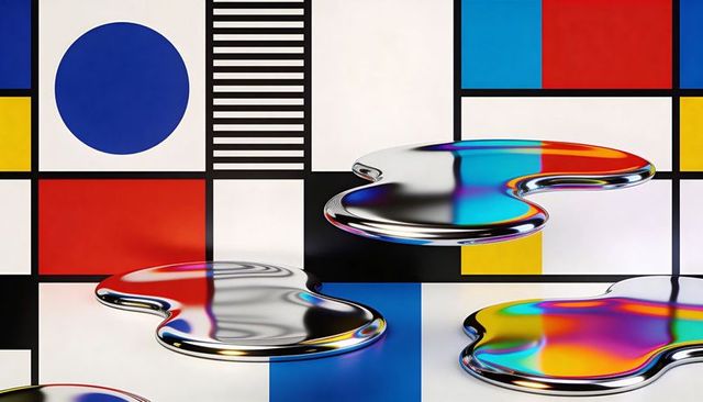 Iridescent chrome puddles hovering over mondrian-inspired primary grid with blue circle