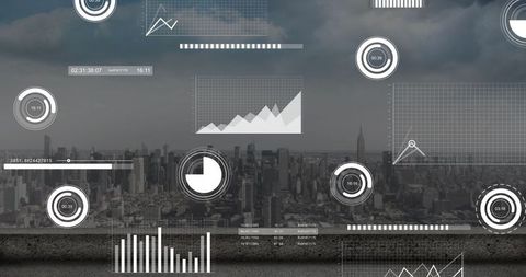 Digital Interface with Data Graphics Over Urban Skyline Background