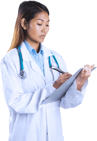asian female doctor in white coat writing on clinical files transparent - Download Free Stock Videos Pikwizard.com