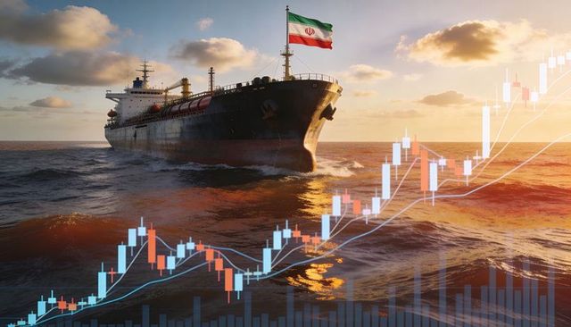 Iranian-flagged oil tanker sailing at sunset with financial candlestick chart overlay