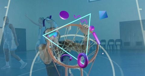 Female basketball player grasping rim with neon geometric overlay in gym court action