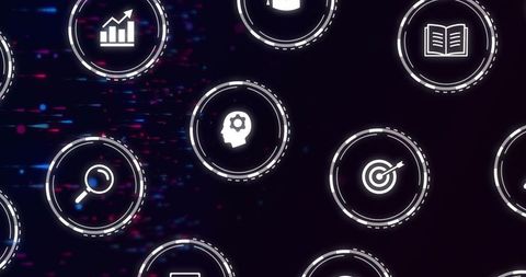 Glowing neon dashboard ui featuring cognitive gear icon and dashed-ring visuals