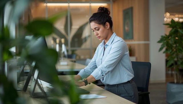 Young professional organizing files at modern green workstation with monitors and plants