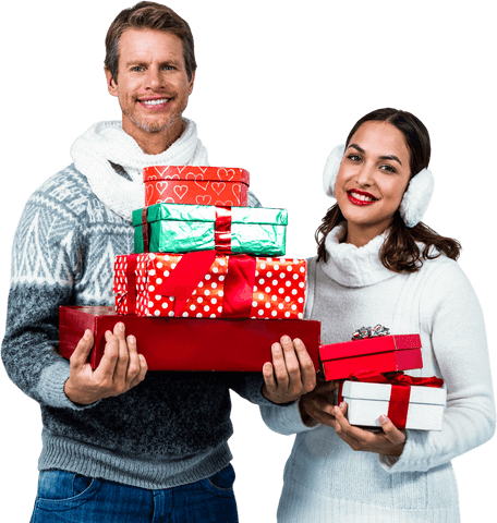 Transparent happy couple holding holiday gift boxes