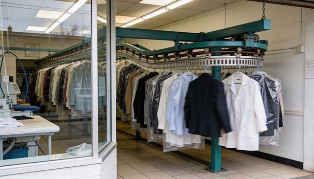 Automated overhead conveyor conveying drycleaned garments on hangers in storefront laundry