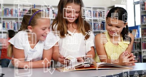 Diverse Girls Engaged in Book Reading with Educational Icons - Download Free Stock Images Pikwizard.com