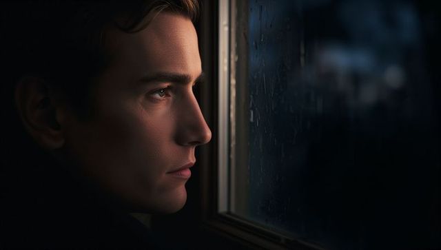 Contemplative man gazing through rain-speckled window at night cinematic moody portrait