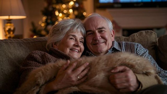 Smiling Senior Couple Cuddling Blanket by Xmas Tree