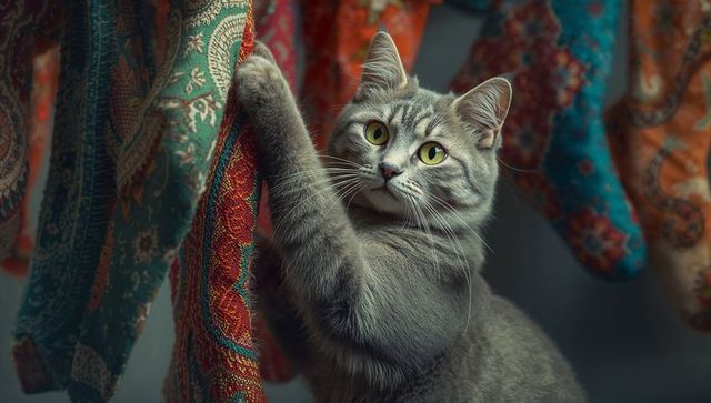 Playful grey tabby cat scratching colorful paisley fabrics