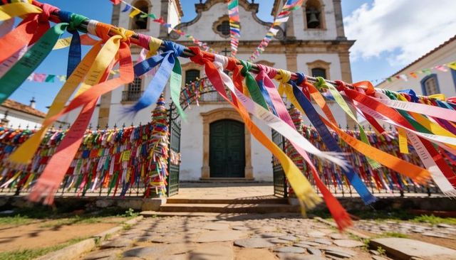 Colorful wish ribbons fluttering at colonial church entrance in sunlit plaza