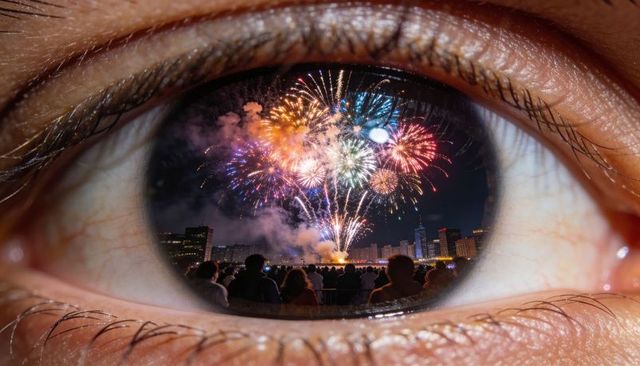 Closeup iris reflecting vibrant fireworks over waterfront skyline with silhouetted crowd