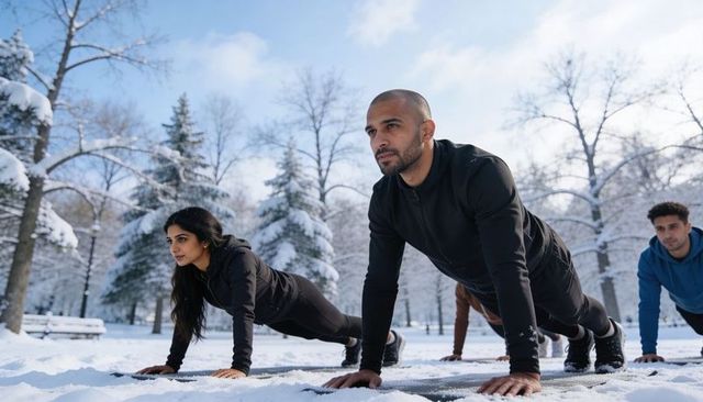 Holding plank during outdoor winter group training on snow-covered park mats