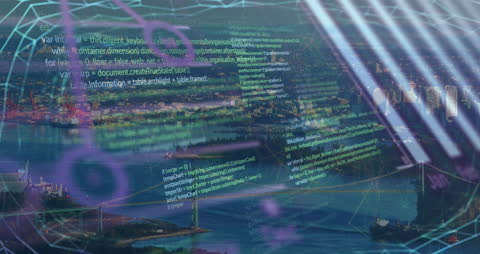 Digital Code Overlay on Cityscape Symbolizes Global Financial Data Flow
