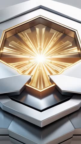 Futuristic Hexagonal Core Revealing Glowing Golden Energy Behind Sliding Silver Panels