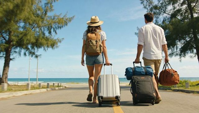 Young couple walking toward beach pulling luggage on sunny coastal road