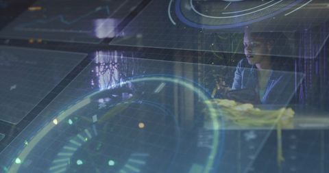 Innovative Woman Interacting with Futuristic Holographic Display