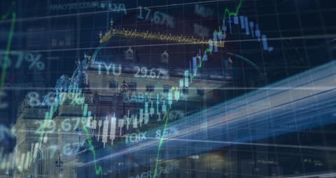 Global Market Data Overlay on Bustling Cityscape