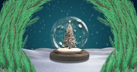 Festive Fir Tree Wreath Framing Snowy Snow Globe at Night