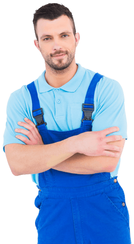 Transparent Male Handyman Confidently Arms Crossed in Blue Coveralls - Download Free Stock Videos Pikwizard.com