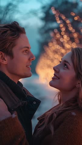 Romantic couple embracing and touching foreheads under string lights in snowy evening vertical video