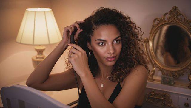 Glamorous woman styling curly hair at ornate vanity with lamp and gold mirror, evening glow