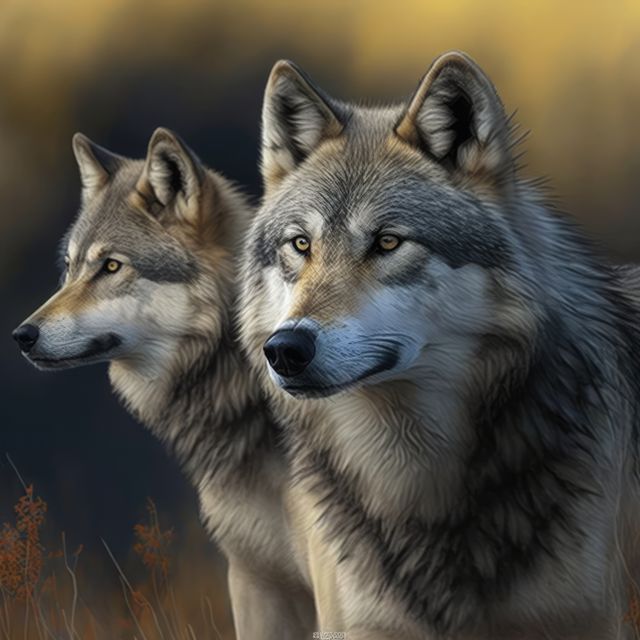 Portrait of close up of two wolves, created using generative ai technology. Wildlife, wild animal and nature concept digitally generated image.