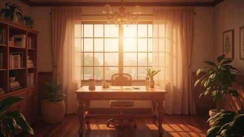 Cozy Home Office with Sunlit Wooden Desk and Plants